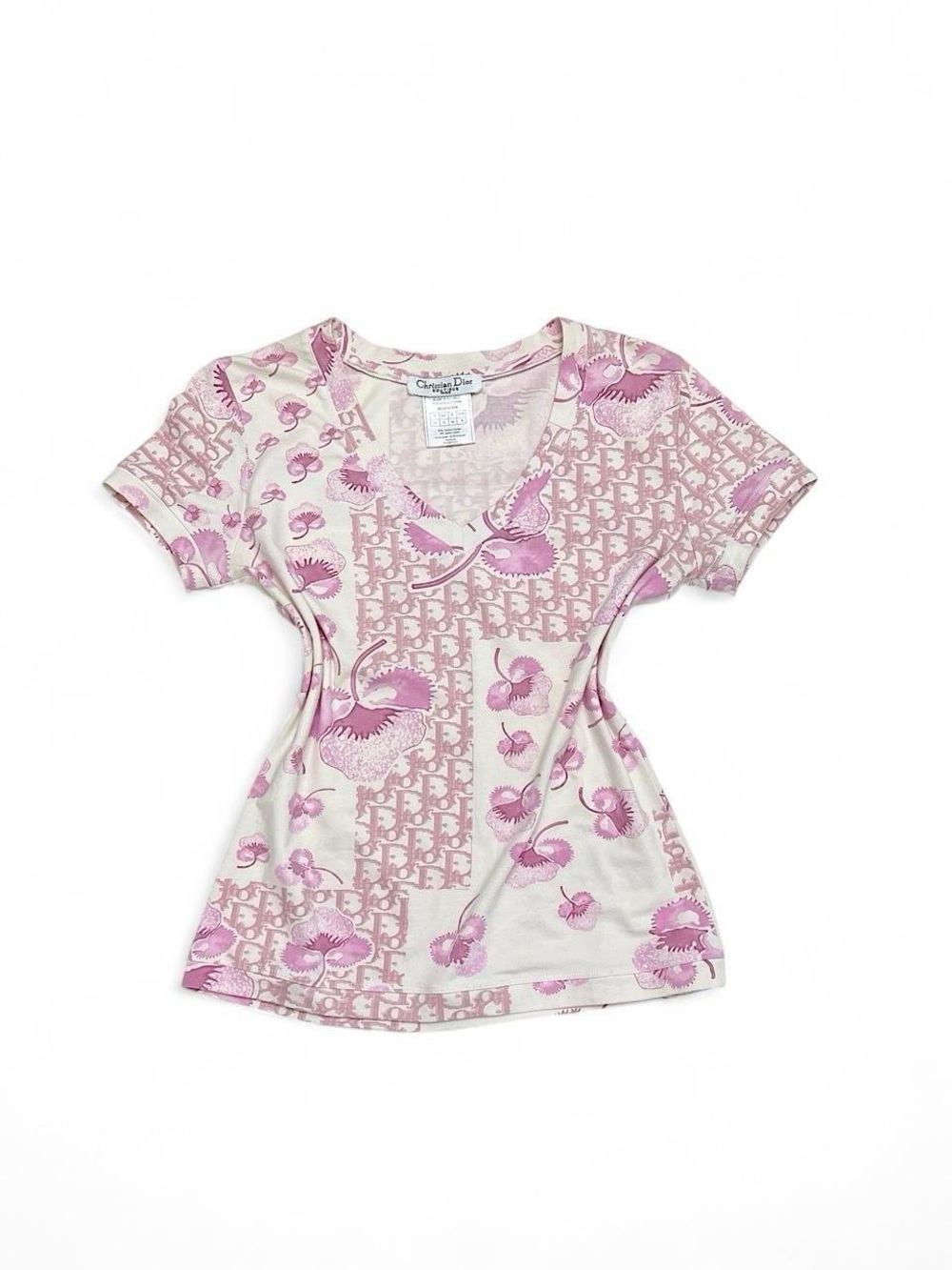 Dior Pink Floral Logo V-Neck Short Sleeve Tee